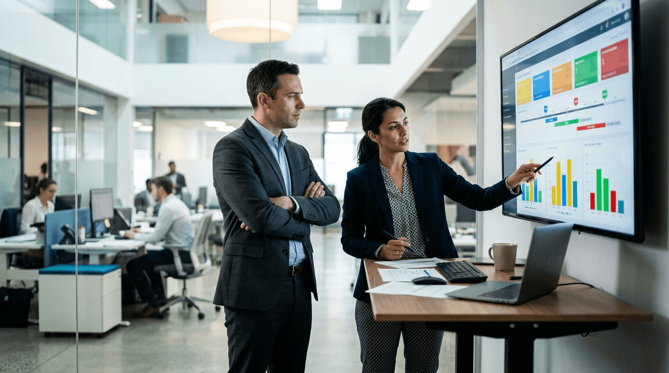 Two pharma operations professionals review an MLR dashboard at a standing desk, discussing review cycle management metrics