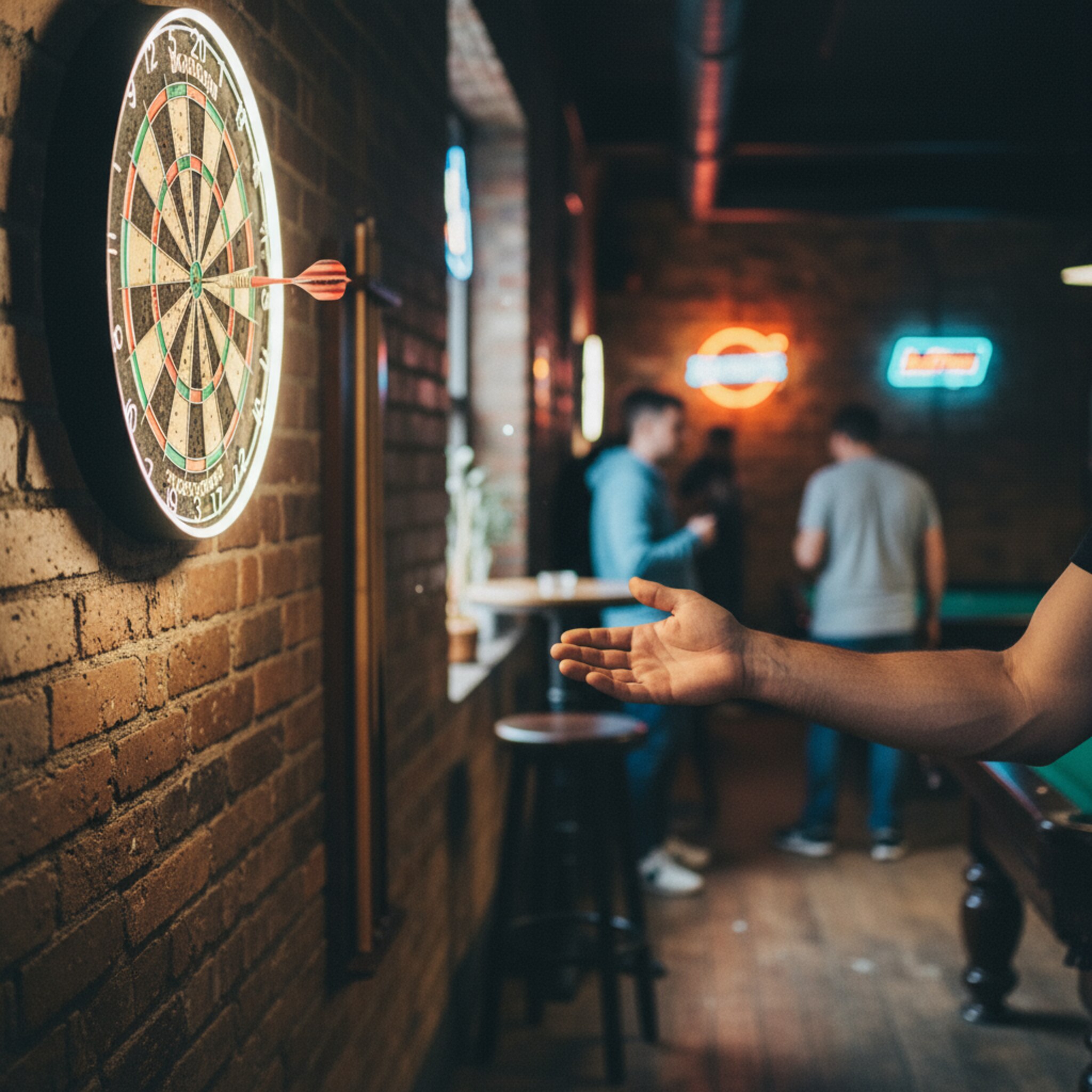 Ein Pfeil trifft die Darts scheibe genau in der Mitte