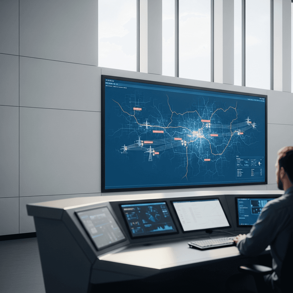 A modern, minimalist utility control room with natural light from large windows. A large, clean wall display shows a stylized map of a power grid. The visual is dominated by brand colors: the display background is a deep blue #1F3B5B, walls are off-white #F5F2EC, and critical data points on the grid map are highlighted in a subtle orange #E76F51. An engineer is partially visible and out of focus at a console in the foreground, creating a sense of scale and human oversight. The upper-left third of the image is a clear section of the wall, providing ample room for text overlay. Aspect ratio 16:9. No text, no logos, no watermarks. Photorealistic, editorial photography style.