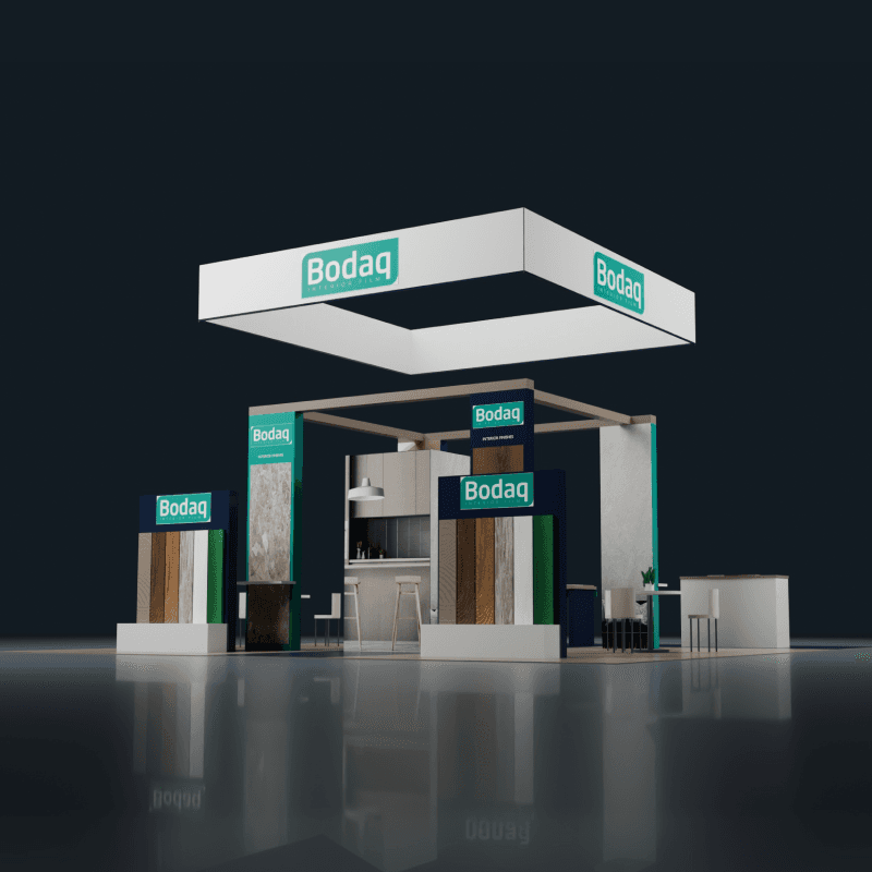 30x30 material showroom booth rental with product samples and buyer consultation zones
