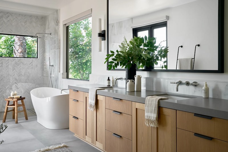 Wide view of the primary bath in the Fullerton Modern Remodel Project, showcasing overall design