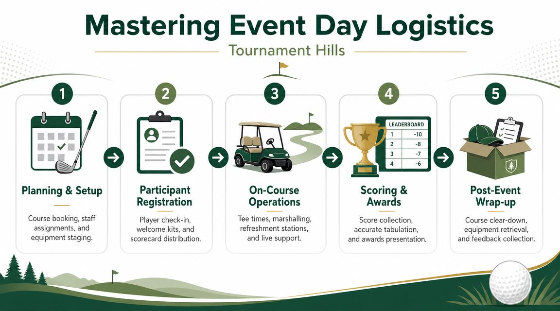 An infographic titled Mastering Event Day Logistics outlining five steps for organizing a golf tournament at Tournament Hills.
