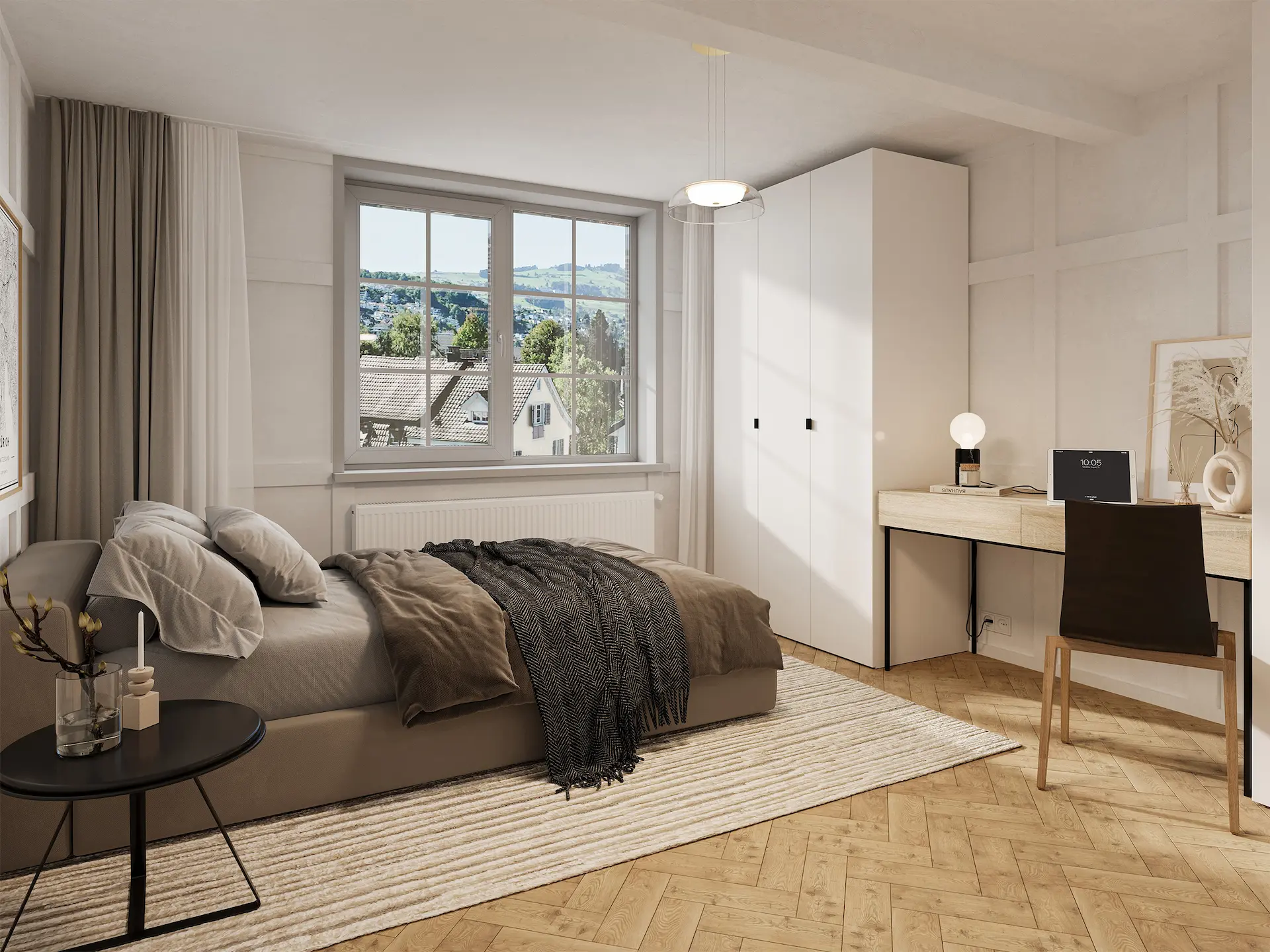 Gemütliches Schlafzimmer mit eigenem Homeoffice Bereich neben einem weissen Kleiderschrank mit Aussicht auf Richterswil.