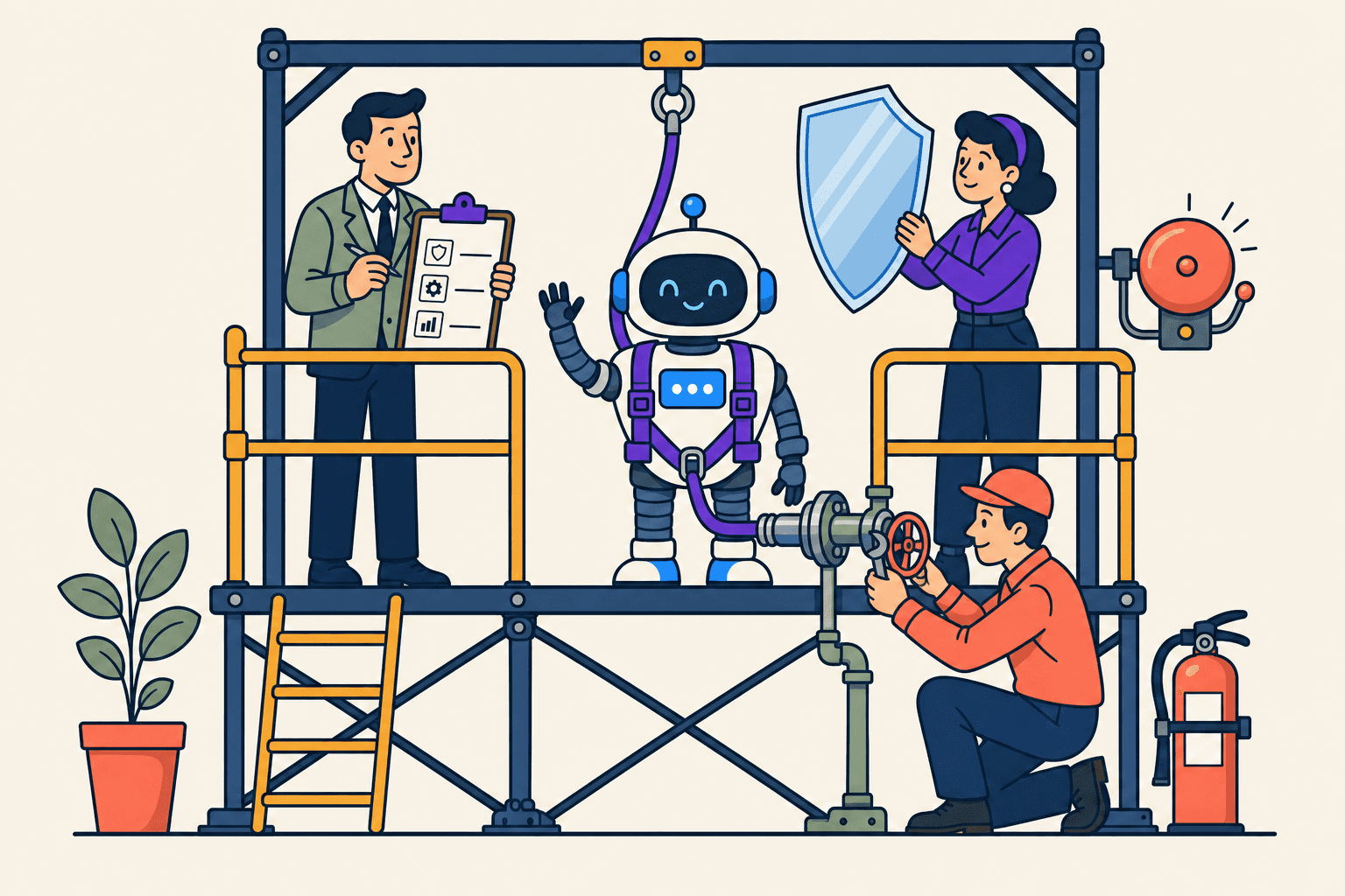 Illustration: KI-Agent in Sicherheitsgerüst mit Prüfern und Leitplanken
