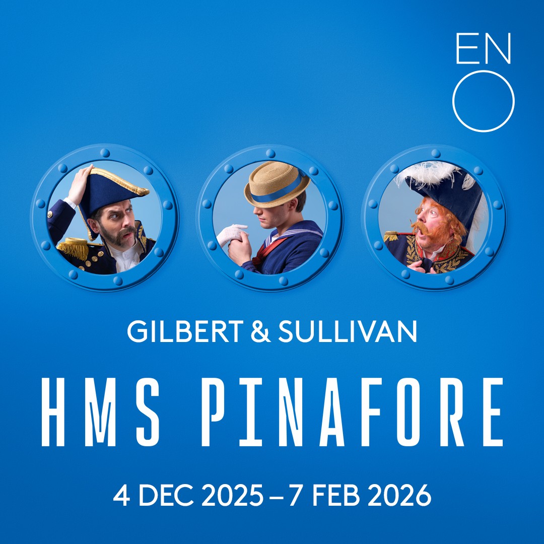 Three characters in naval attire seen through portholes, promoting HMS Pinafore.