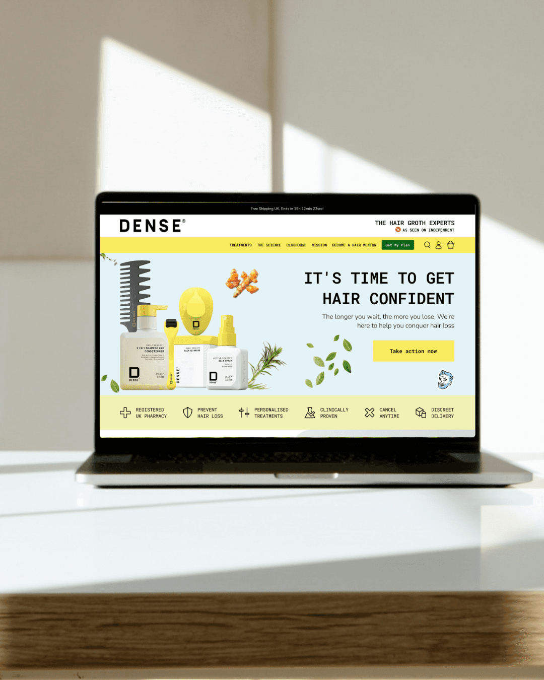 A confident customer embraces his reflection after experiencing Dense’s science-backed hair restoration journey.