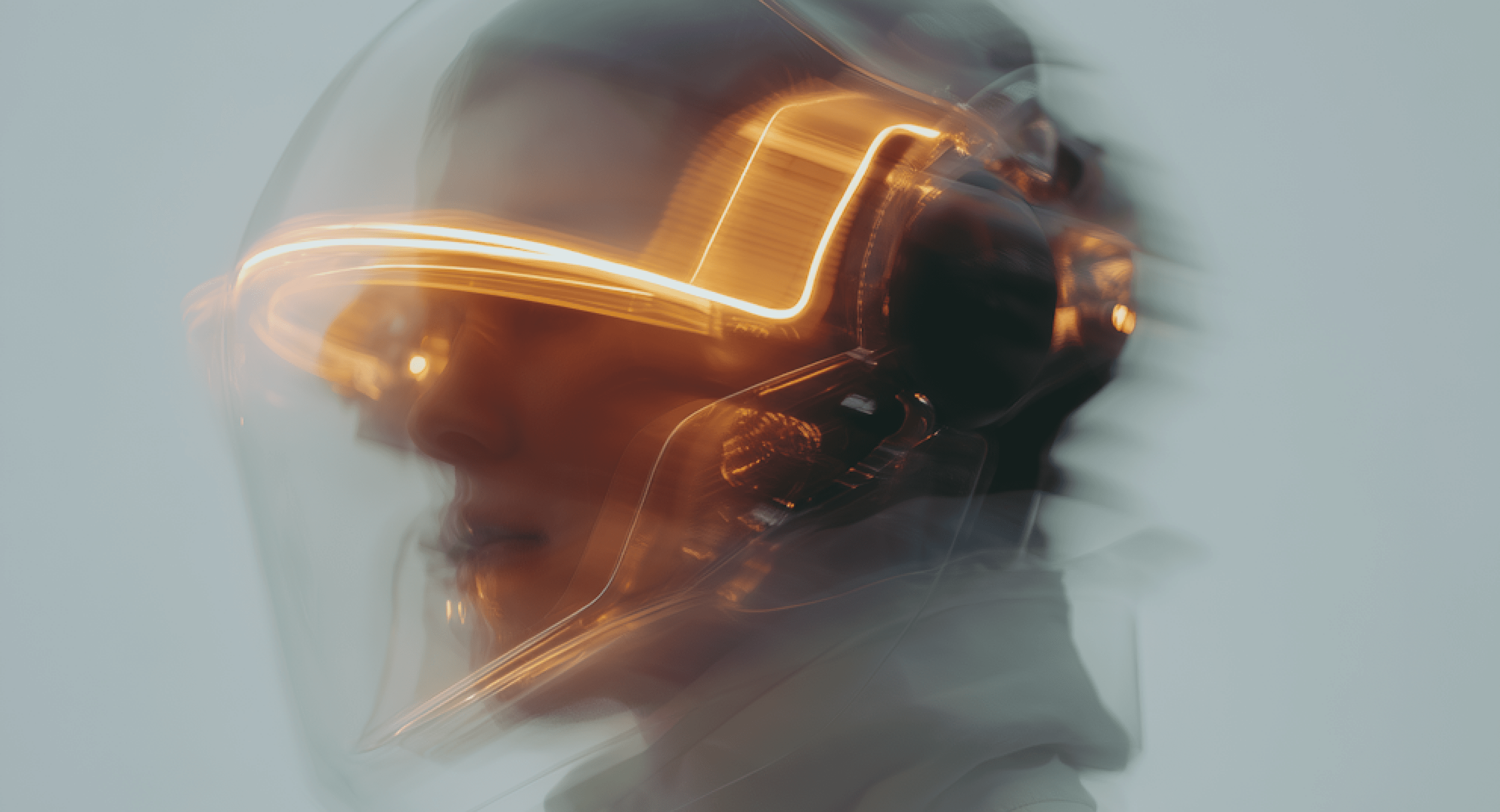 Futuristic helmet with glowing lights worn by person, shown in motion blur.