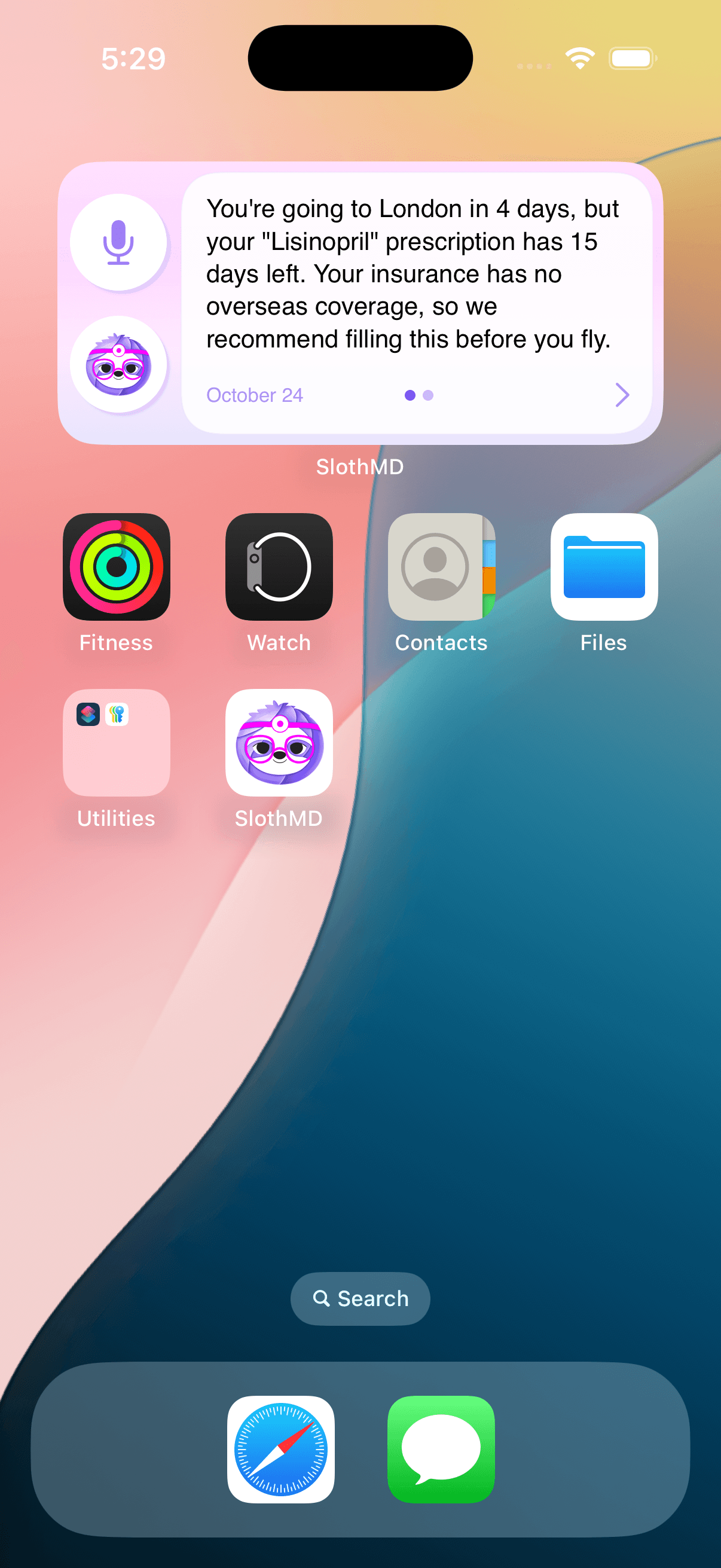 Slothwise iPhone widget displaying personalized health reminder for upcoming travel