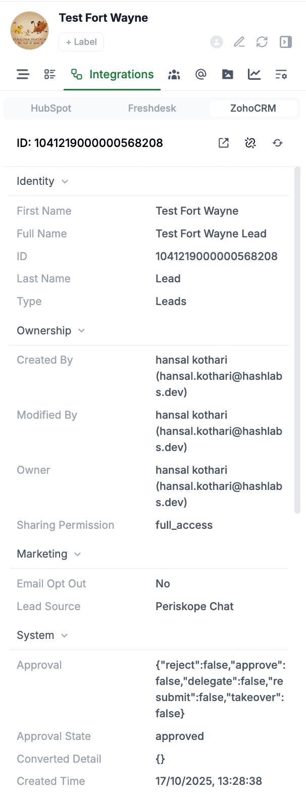 Periskope chat side panel showing properties of a linked Zoho CRM contact