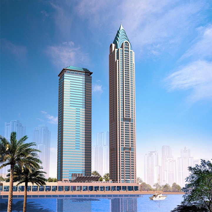 Exterior of Churchill Tower by the canal, offering premium real estate and luxury living in Business Bay, Dubai.