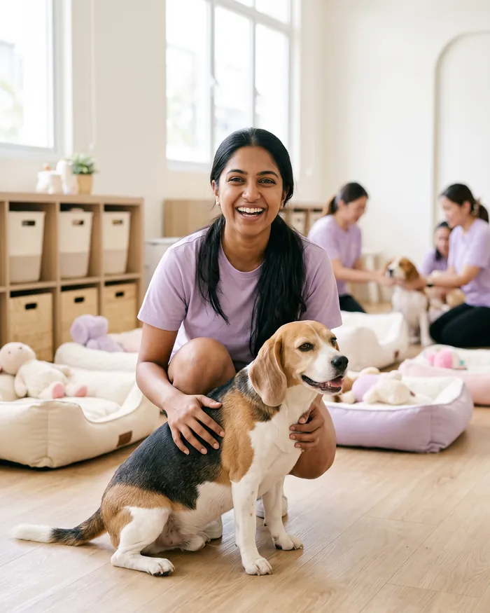 Priya Shah, daycare lead, with a beagle