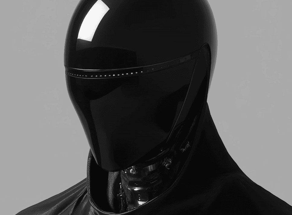  A black robot wearing a hood, standing upright with a sleek design and glowing eyes.