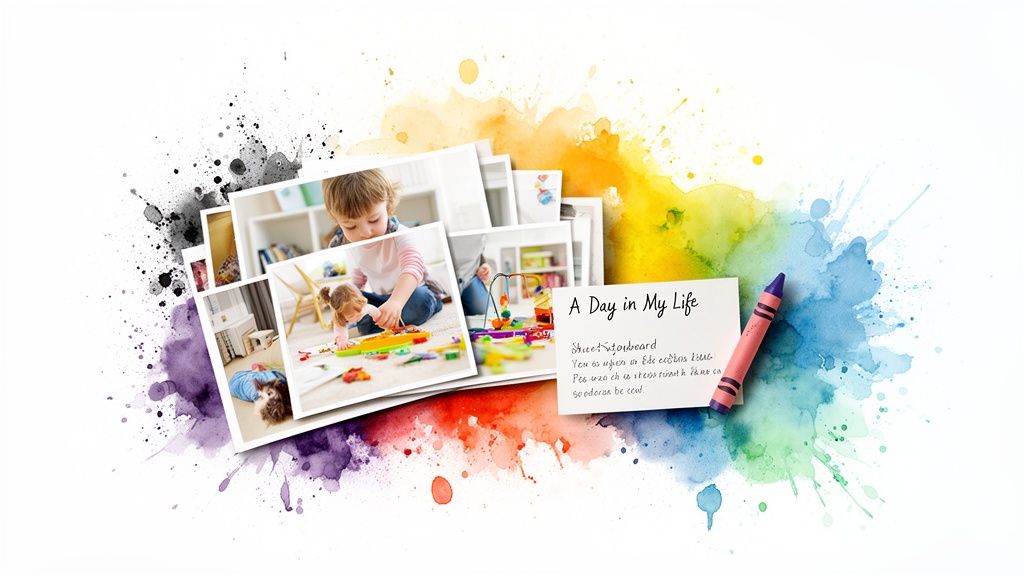 Collage of joyful children playing with toys, surrounded by colorful watercolor splashes and a note.