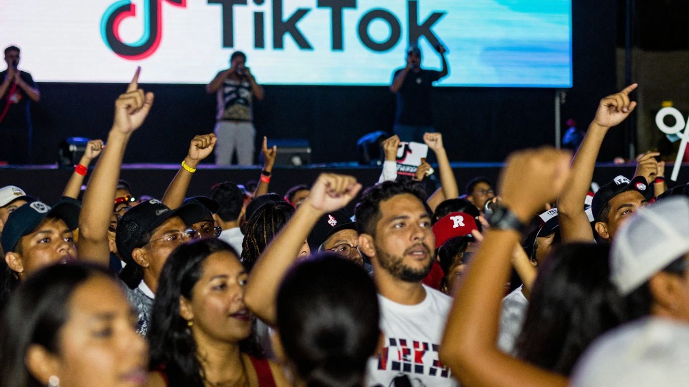 TikTok logo above a lively political rally crowd.