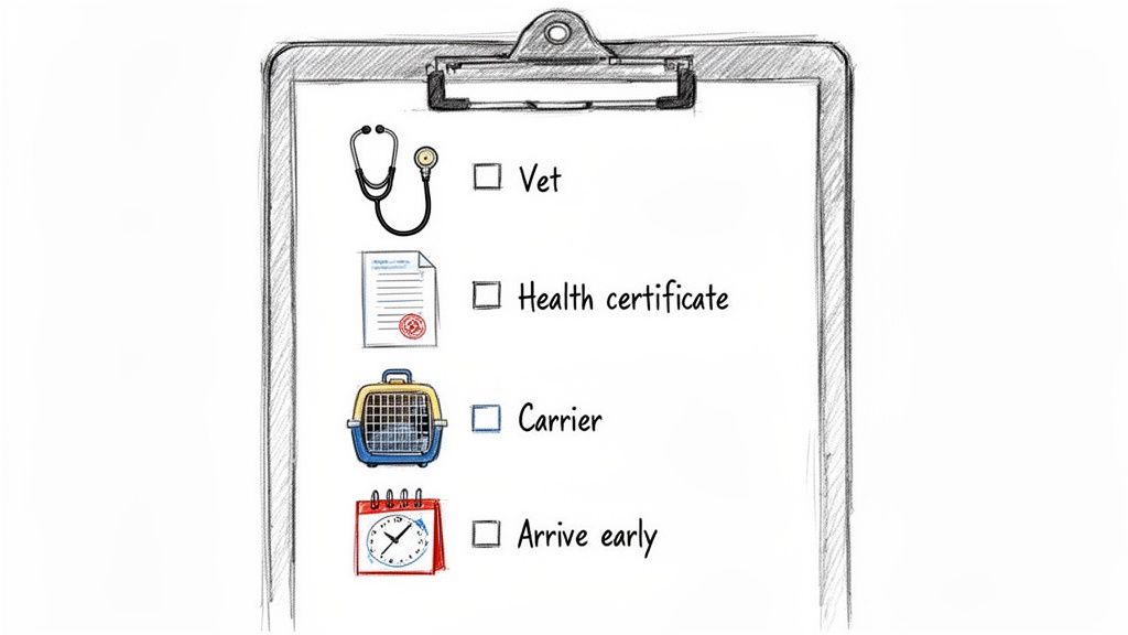 A hand-drawn checklist on a clipboard showing icons and text for pet travel preparation, including a vet, health certificate, carrier, and arriving early.