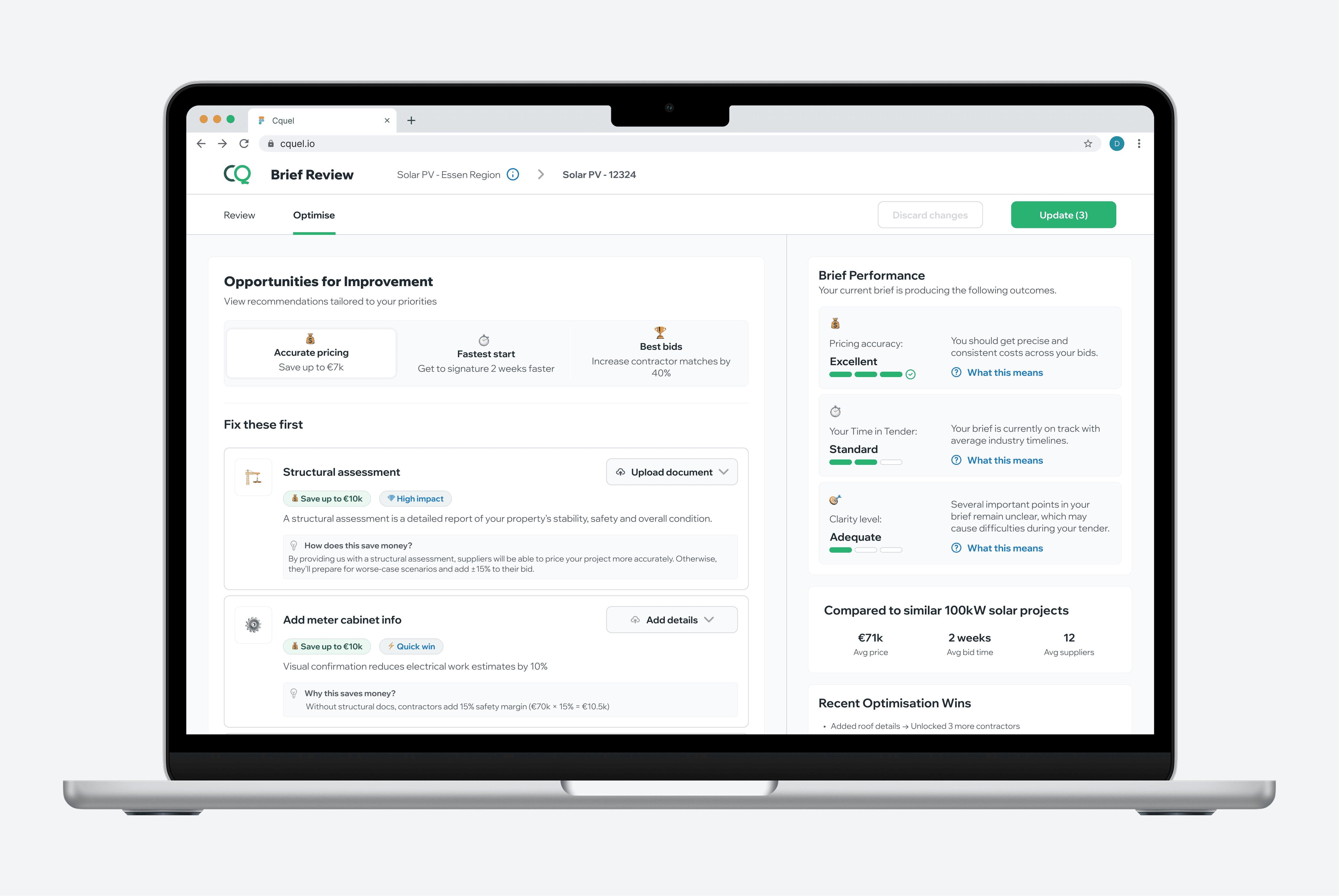 CQuel Brief Builder interface - Optimize view with improvement recommendations and performance metrics