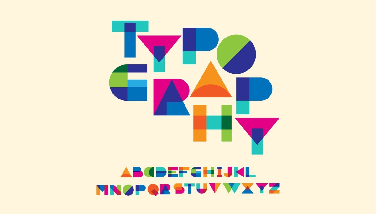 Illustration of the word "TYPOGRAPHY" and the full alphabet rendered in colorful geometric shapes—highlighting creative font design and the importance of clear, structured typography in technical documentation for engineers.