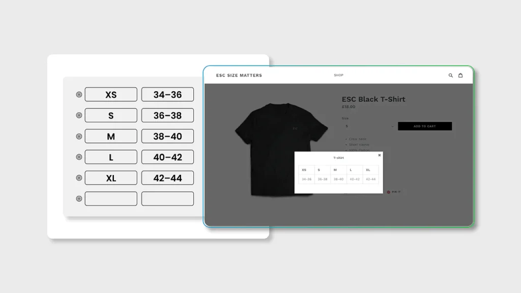Size chart app showing a size table pop-up on a black T-shirt product page in a Shopify store