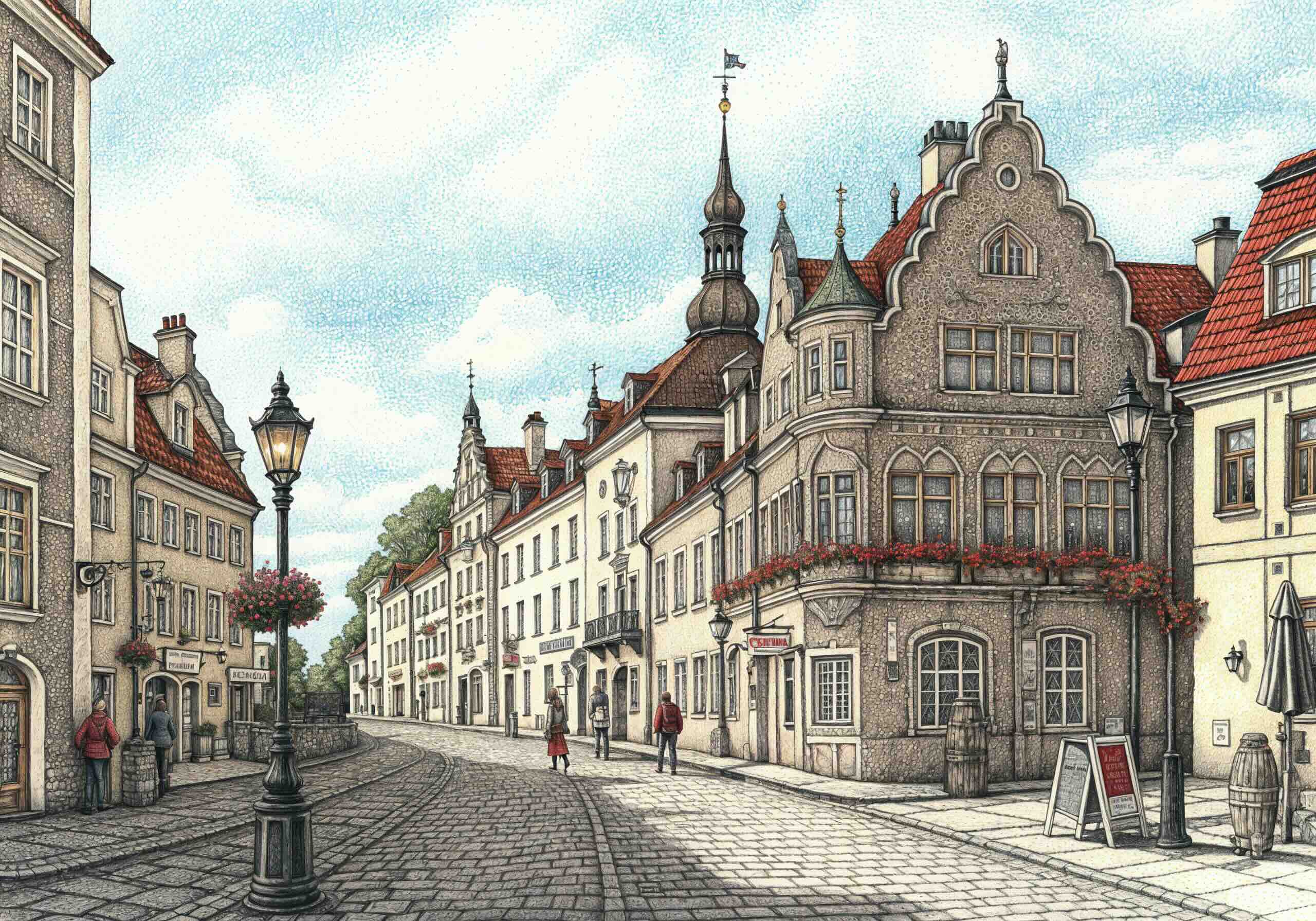 Detailed illustration of a historic cobblestone street in Estonia, featuring ornate European buildings with red-tiled roofs, decorative facades, and lampposts adorned with flowers.