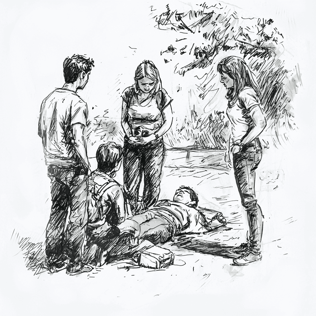 An illustration of a person in need of CPR, surrounded by a group of people.