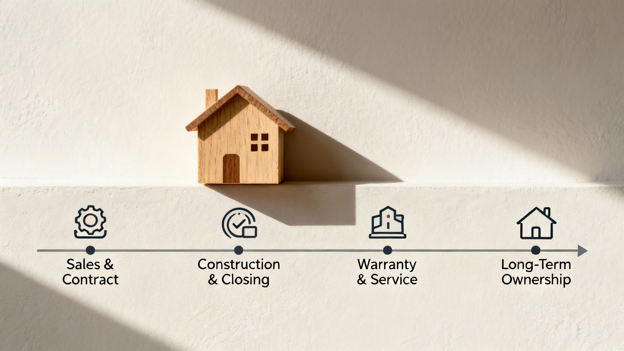 Wooden house model above a timeline illustrating four stages of home ownership: sales, construction, warranty, and long-term.