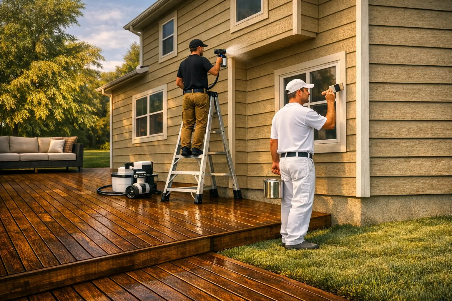 Kansas City home exterior being professionally painted with a pristine finished deck by Gladiator Home Improvements, showcasing deck repair and exterior painting services