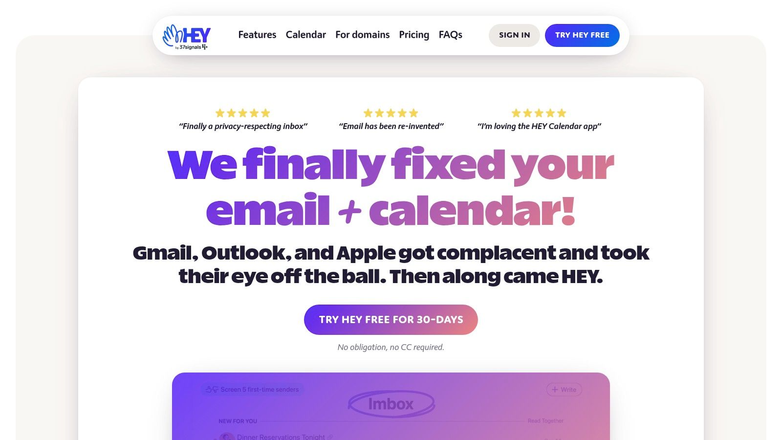 HEY by Basecamp homepage screenshot