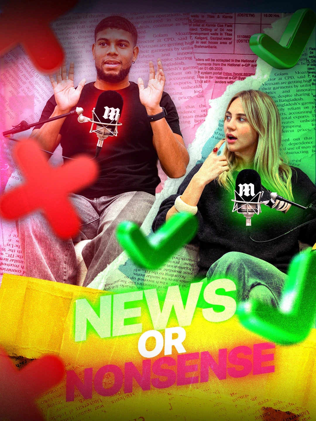 Two hosts debating viral headlines on the “News or Nonsense” Daily Mail show, with red X and green check graphics.