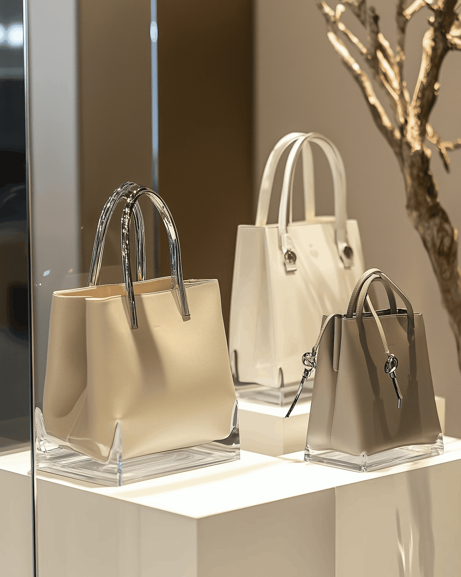 Three beige, white, and grey handbags displayed.