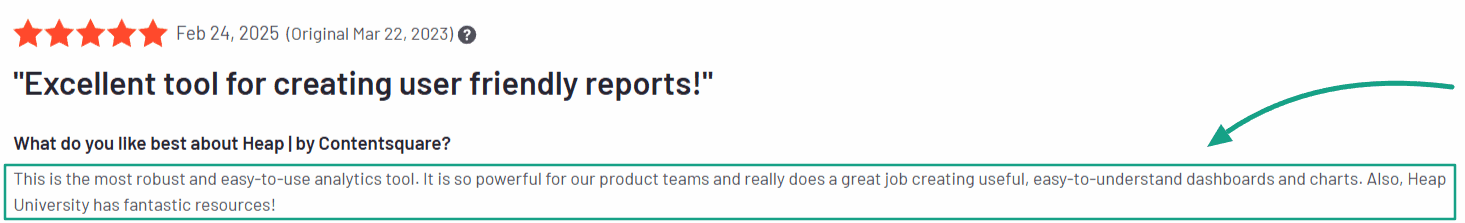 Positive user review highlighting Heap as an easy-to-use analytics tool for clear, user-friendly dashboards
