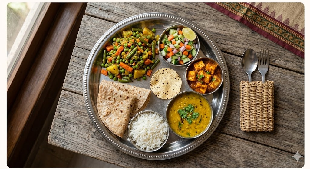 A top-down view of a traditional Indian silver thali arranged neatly on a wooden table, featuring portion-balanced servings of vegetable sabzi, paneer masala, dal, steamed rice, whole wheat roti, papad, and fresh salad for a healthy, nutritious meal.