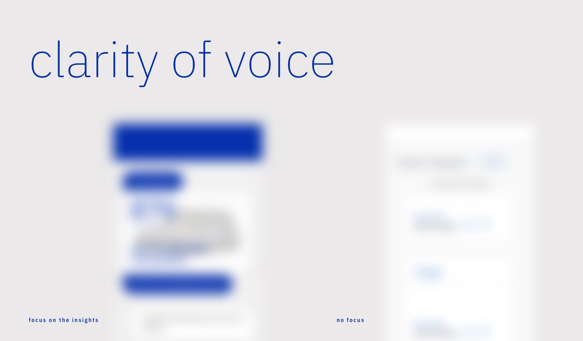 A diagram titled "clarity of voice" showing two blurred chat interface mockups side by side. The left example labeled "focus on the insights" shows the AI responses rendered in bold, high-contrast blue while user input recedes. The right example labeled "no focus" shows both sides at equal visual weight — demonstrating that the system's responses should always carry the highest visual density and clarity.