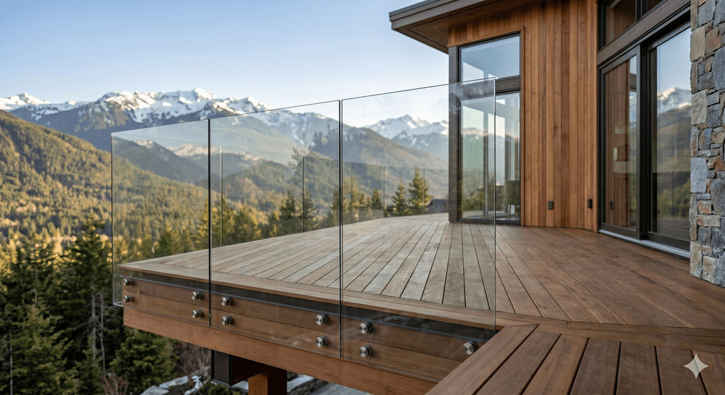 Frameless glass railings on a Whistler mountain home deck overlooking the Coast Mountains.