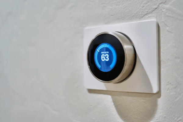 Wall-mounted smart thermostat displaying temperature and energy savings
