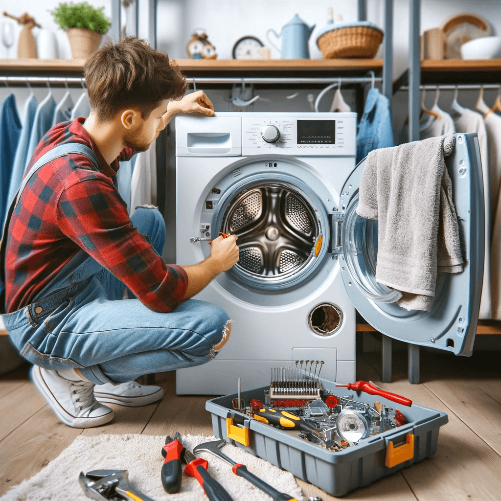 DIY washing machine repair in a home laundry room, with a person working on an open machine using tools like screwdrivers and a wrench, in a typical home setting.