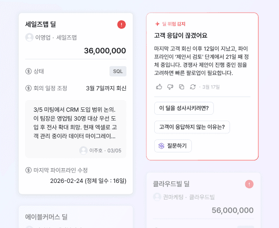 이탈 가능성이 높은 고객을 사전에 감지해 알림으로 안내하는 AI 에이전트 예시 화면