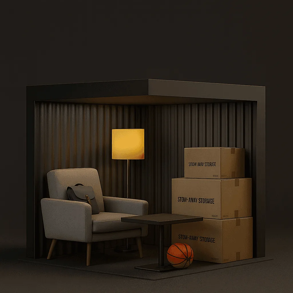 Illustration of furniture and boxes inside a 5x5x5 storage locker