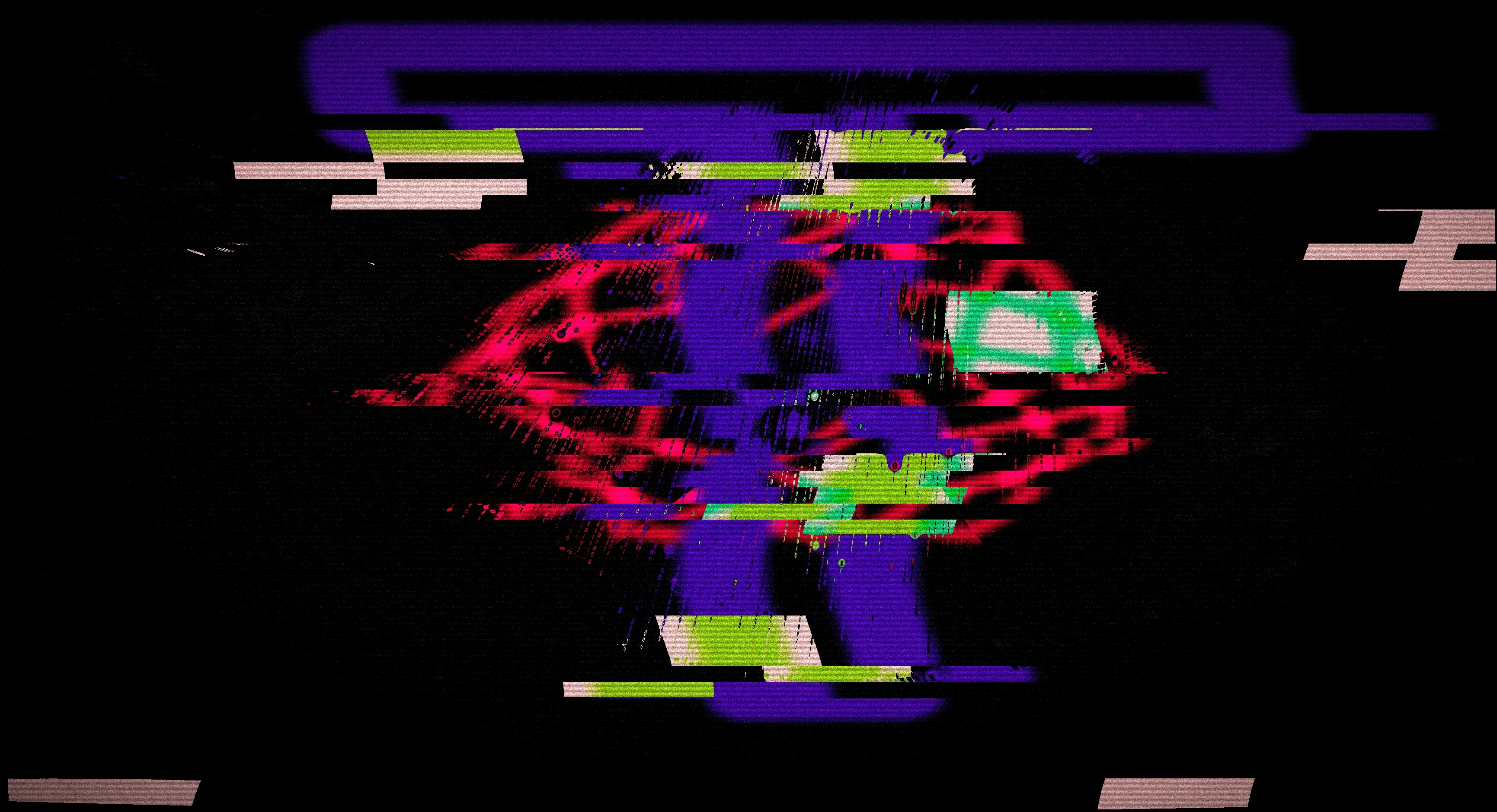 Abstract glitch art with purple, red, and green elements.
