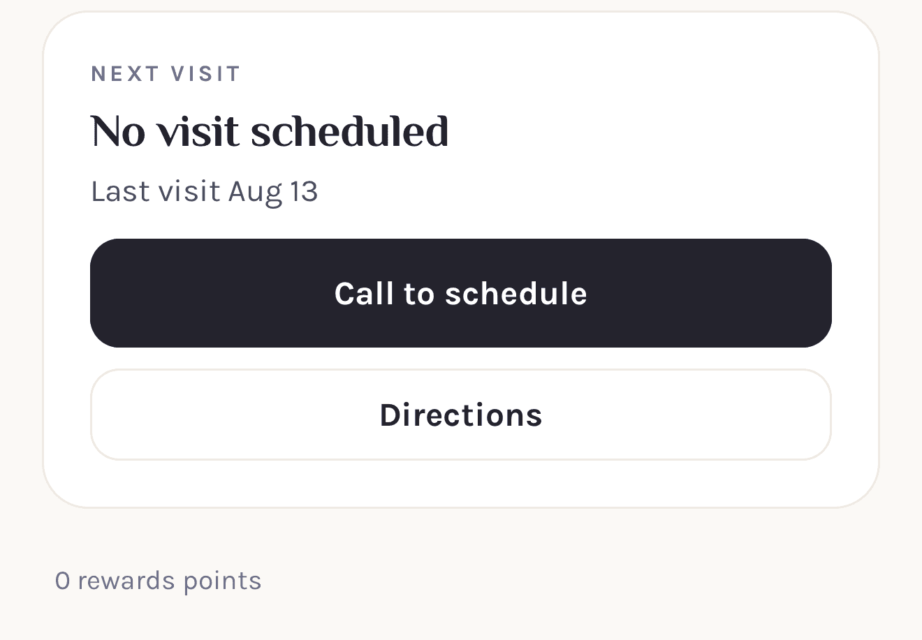 The patient app showing the next visit, with buttons to call the office and get directions