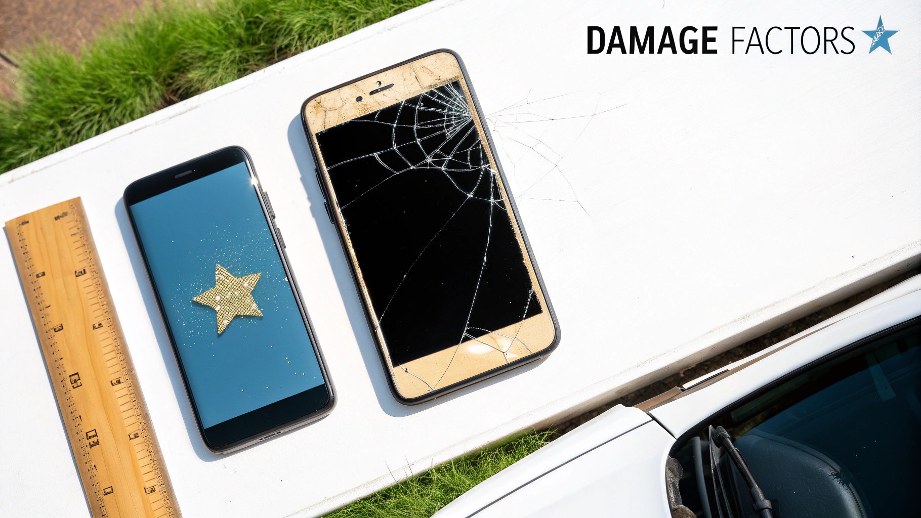 Two smartphones, one intact and one with a severely cracked screen, demonstrating damage factors.