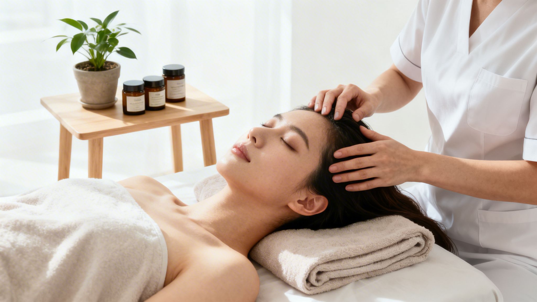 A woman receives a relaxing head massage from a therapist in a tranquil spa setting.