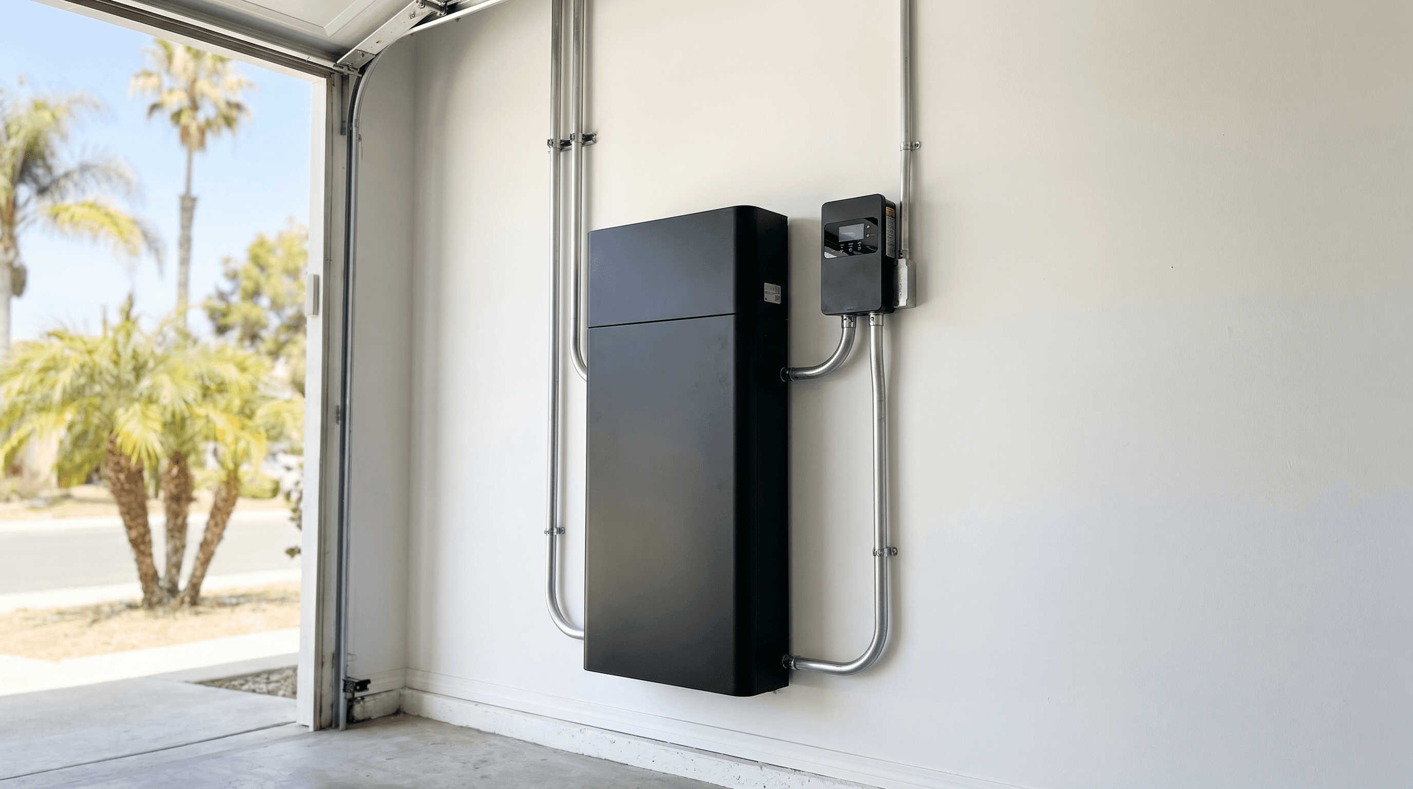 Matte-black home battery mounted on a garage wall of a Southern California home, with neat conduit