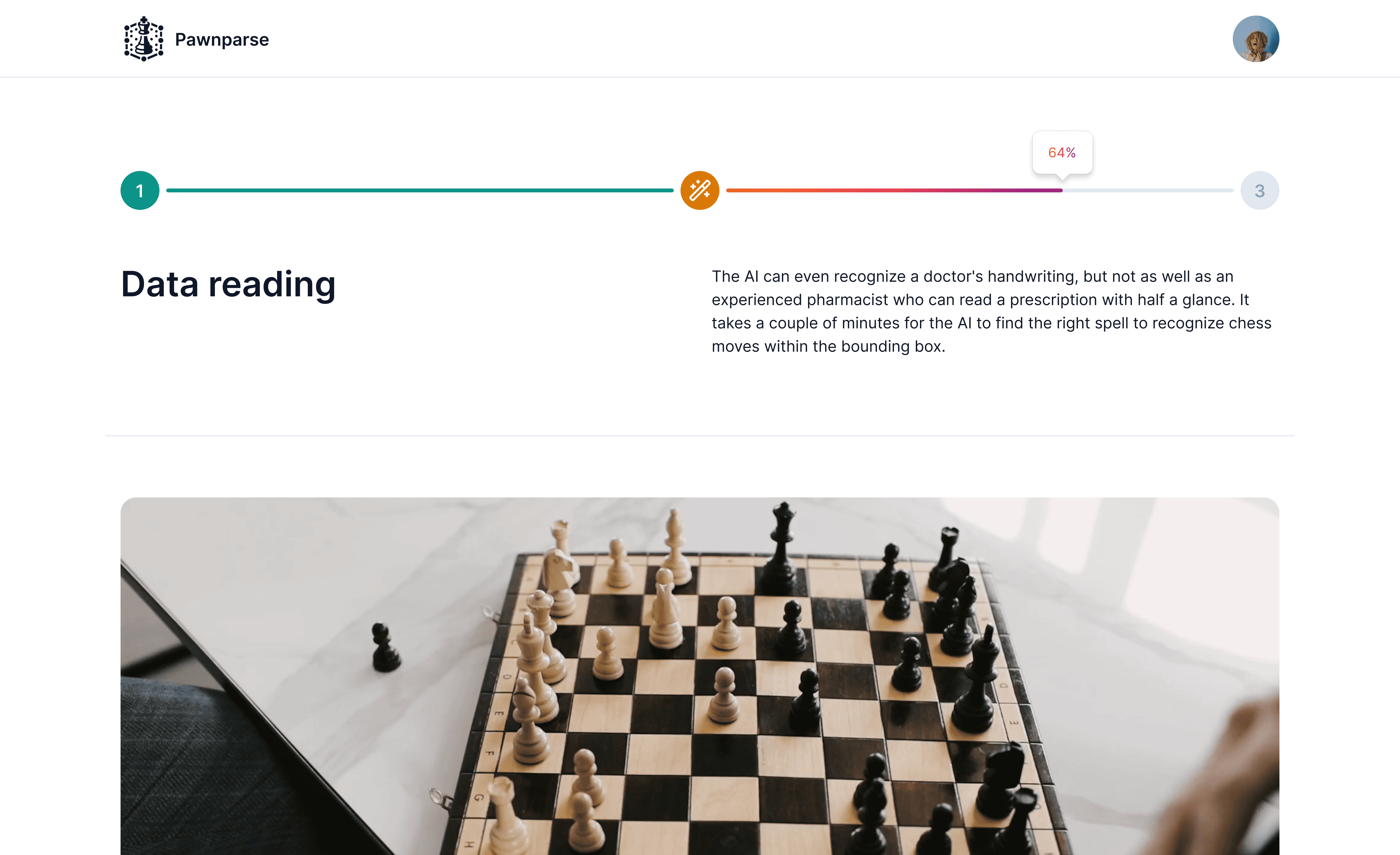 Step 2 — staged progress bar makes the AI's pipeline visible; users see which phase is running and how far it has progressed