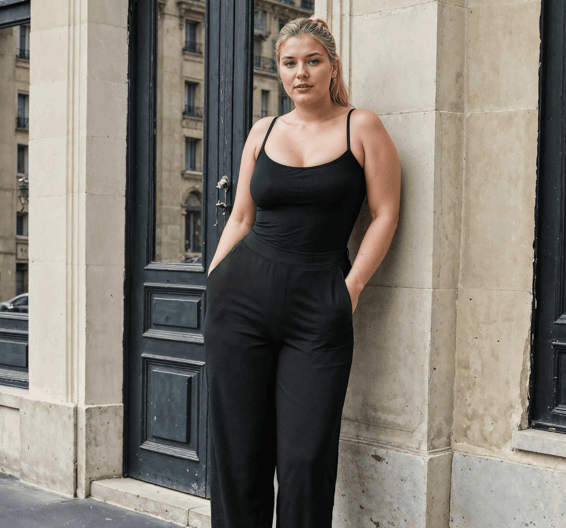 Curvy blonde fashion model female AI Generated model wearing black camisole top - Generated by Caimera