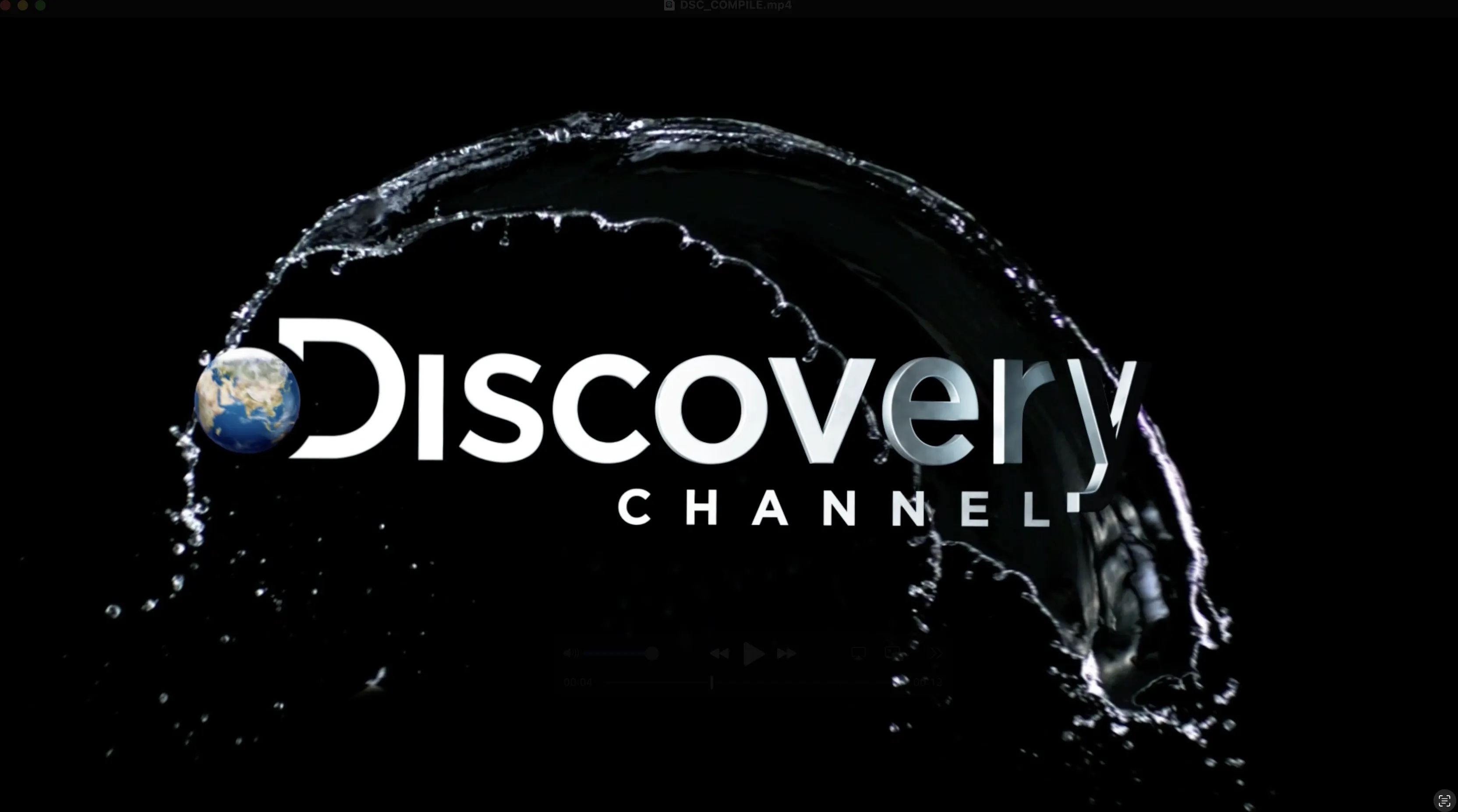 Modern Discovery Channel logo on black with water splash forming an arc behind a realistic Earth sphere.