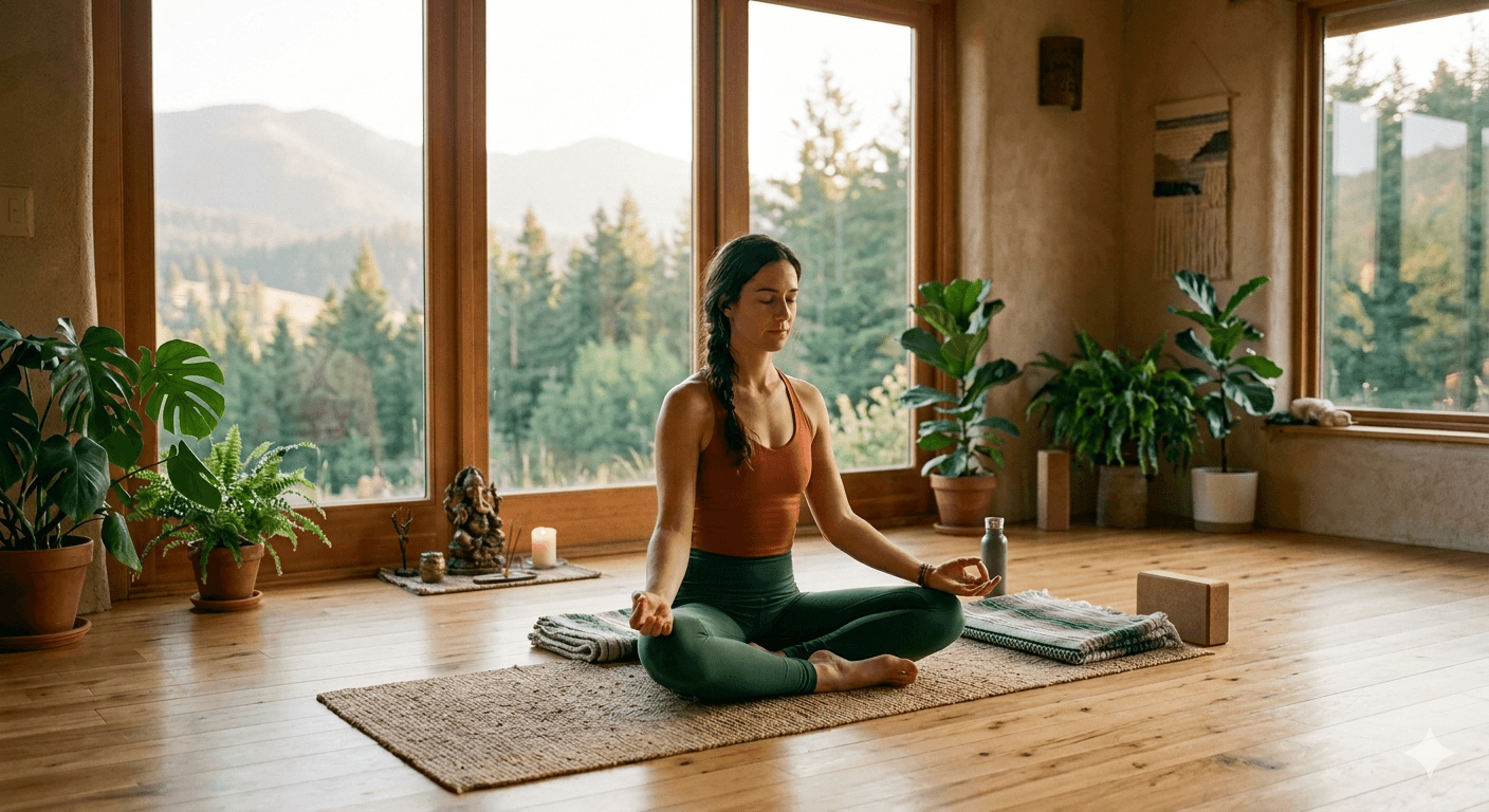 Woman meditating in a cross-legged yoga pose in a wooden studio with mountain view
