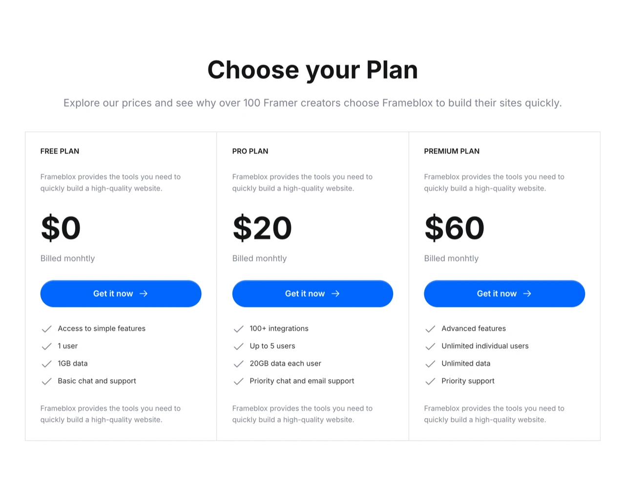 Framer Pricing Section - Frameblox UI