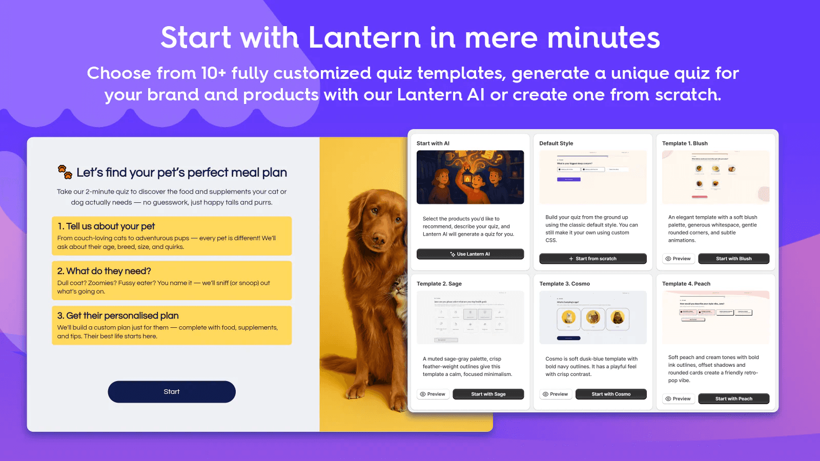 Lantern quiz app promotional image showing a collection of customizable quiz templates including a pet meal plan quiz, with the headline "Start with Lantern in mere minutes"
