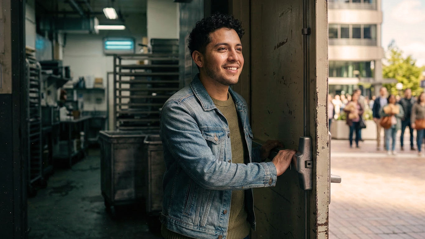 Hombre latino abriendo una puerta hacia nuevas oportunidades con ayuda legal migratoria