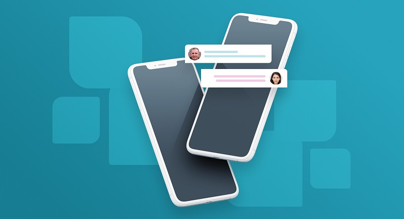 A mockup image of two 3d rendered smart phones overlapping one another over a textured background